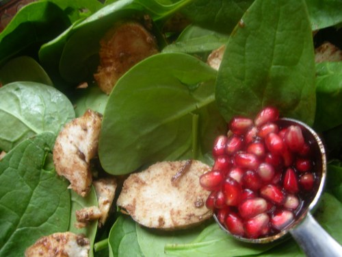 spinach and chicken salad with pomegranate dressing